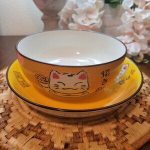 Lucky Cat Kawaii Japanese Maneki Neko Yellow Plate and Bowl